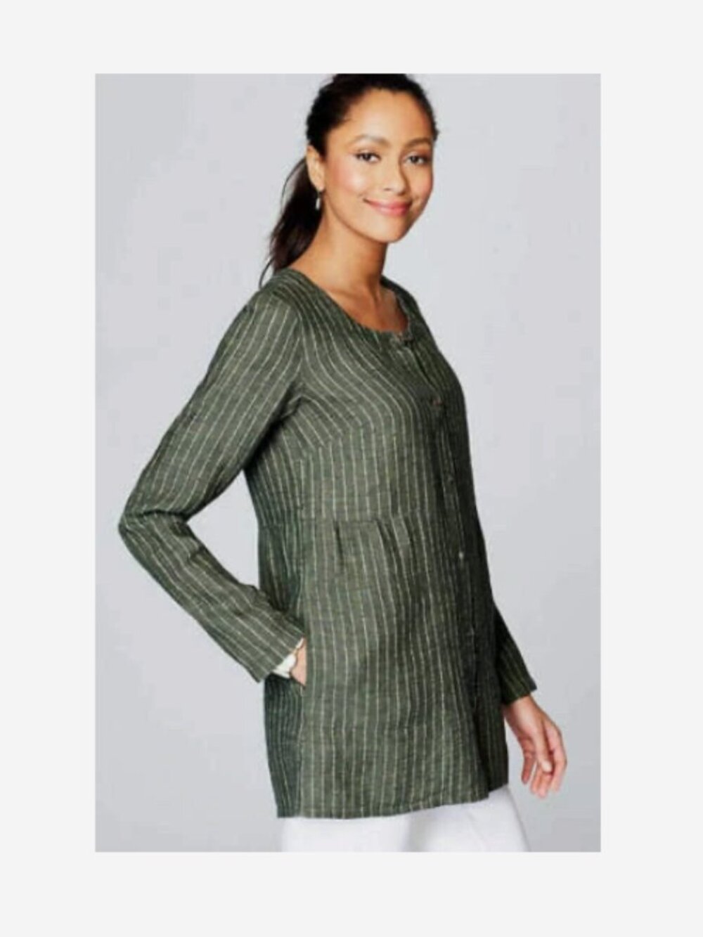 PureJill 100% Linen Sage Green Pinstriped Button-Up Lagenlook Tunic Top Sz M